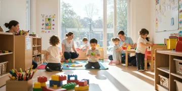 Diverse children learning in a modern early childhood education classroom